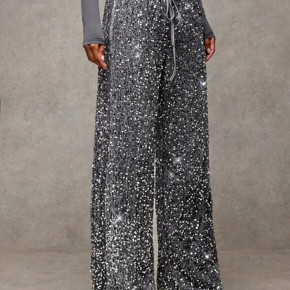 Dark Grey Party Women's Velvet Silver Sequin Drawstring Wide Leg Pants - Picture 5 of 6